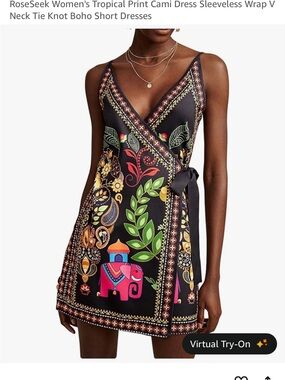 Amazon Black Tropical Print Wrap Mini Dress with Multicolor Accents